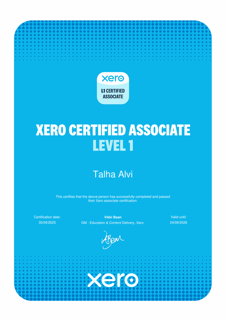 Xero Certified Associate Level 1 certificate awarded to Talha Alvi