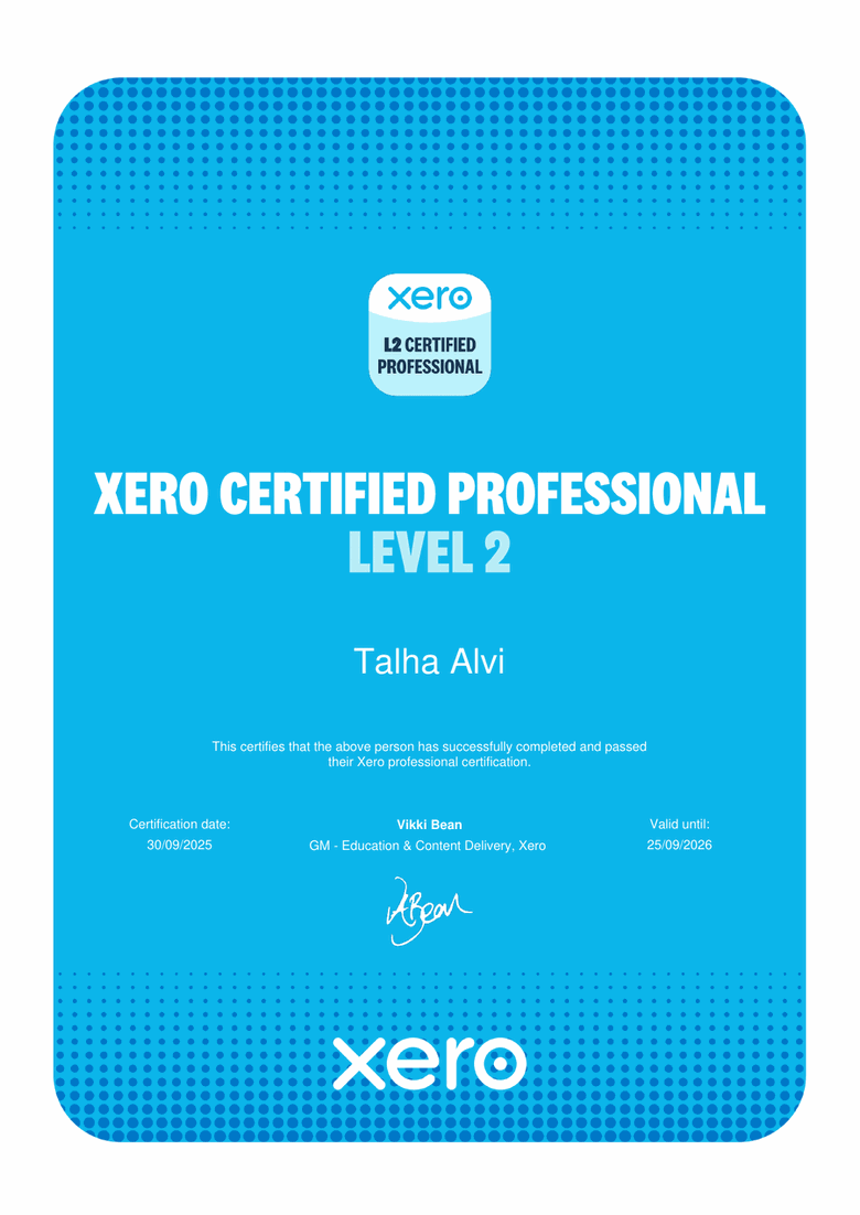 Xero Certified Professional Level 2 certificate awarded to Talha Alvi